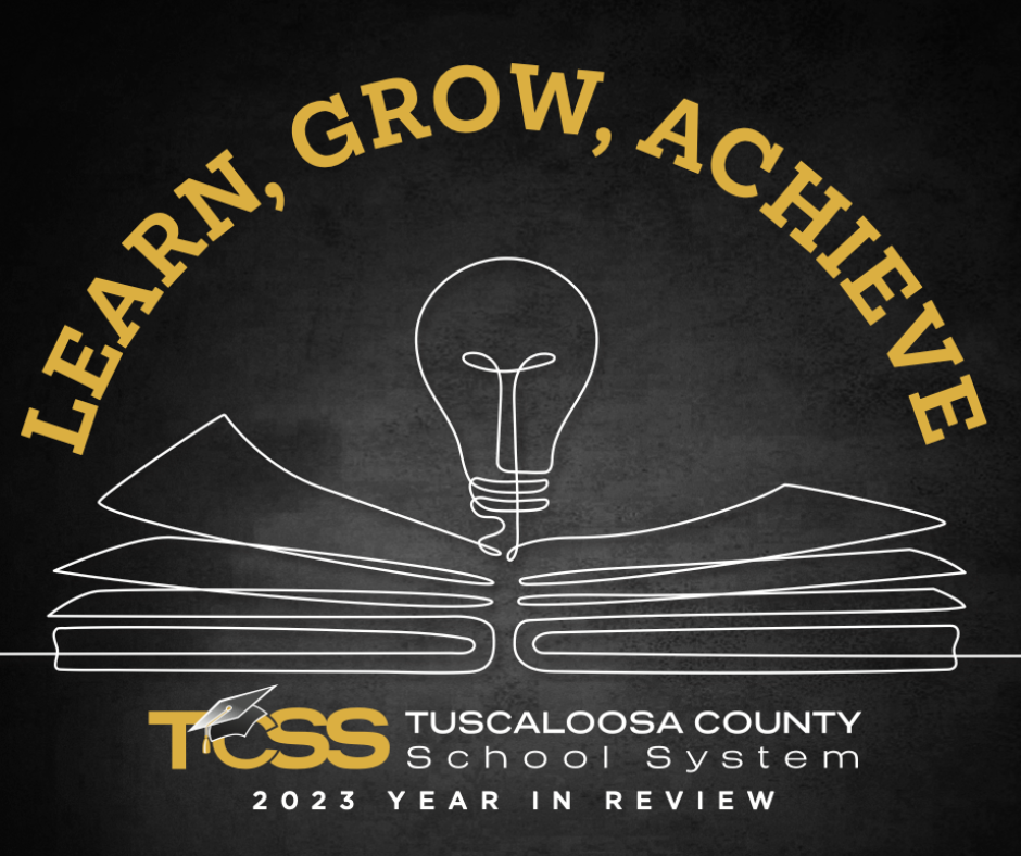  text: learn grow achieve, toss 2023 year in review; graphic of open book and light bulb